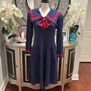 Lanz original vintage 70's Navy Long-Sleeve Sailor Dress with Red Trim